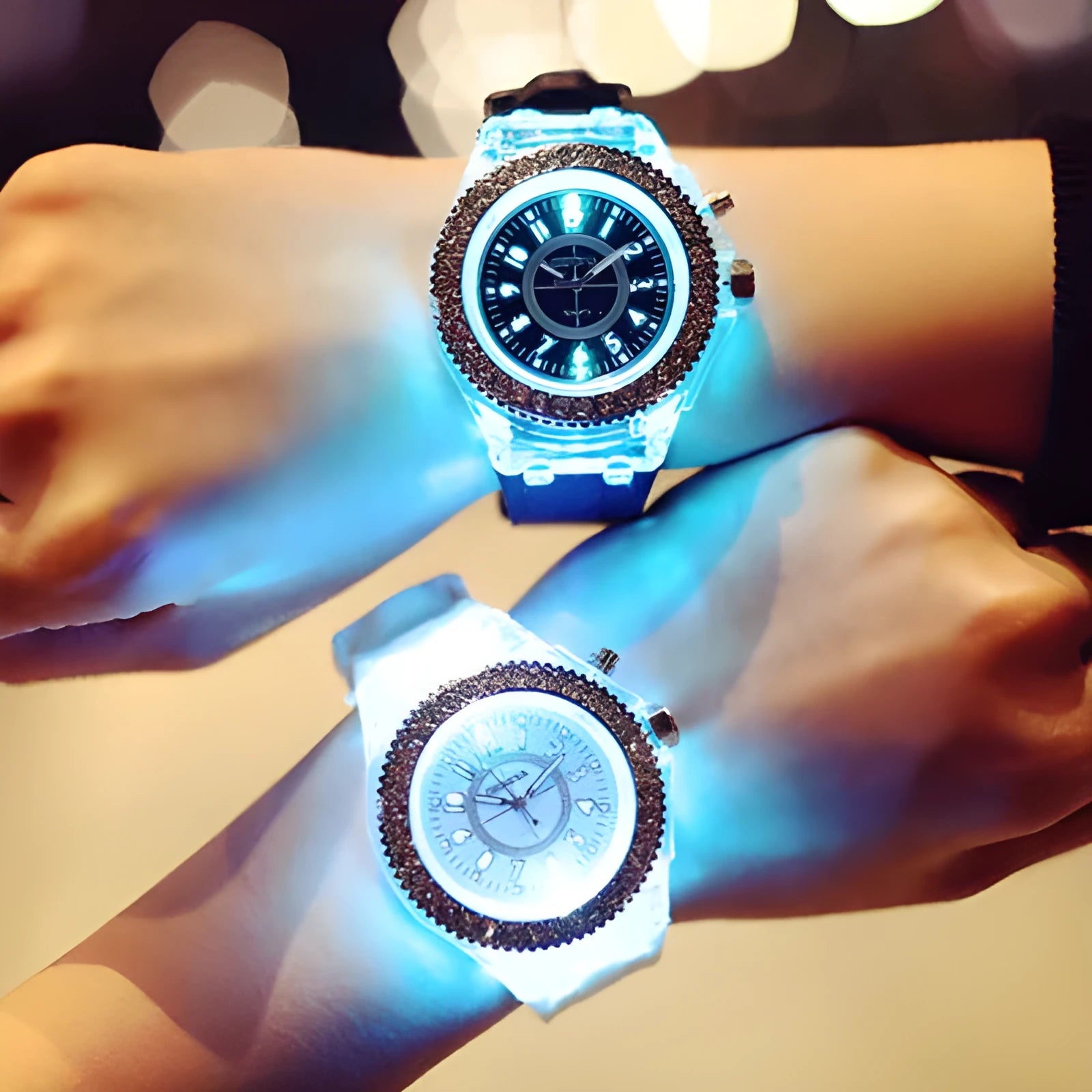 Geneva women's LED luminous quartz watch with silicone strap and round 43mm dial