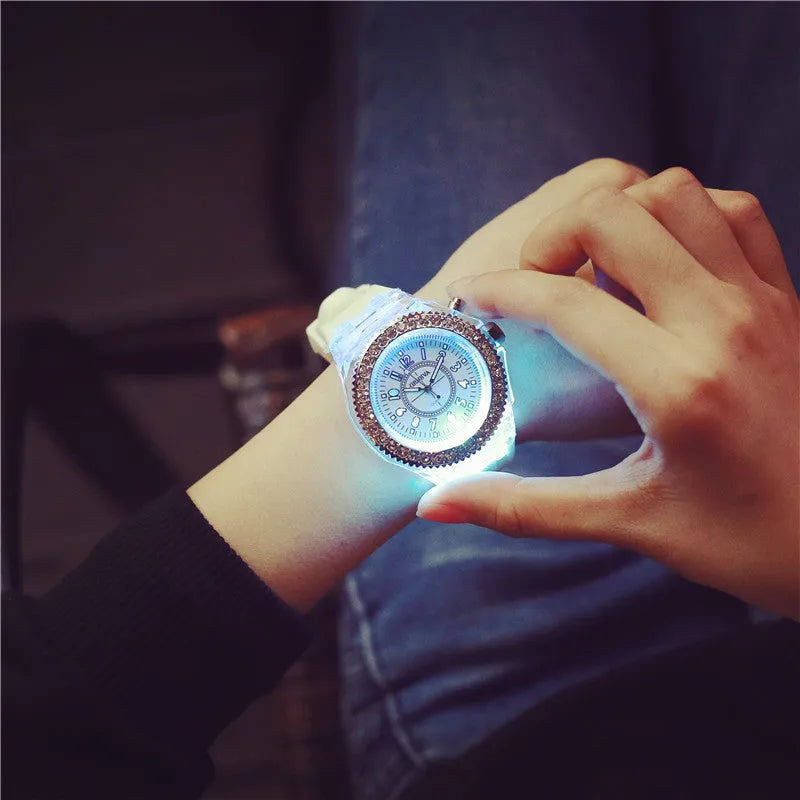 Geneva women's LED luminous quartz watch with silicone strap and round 43mm dial