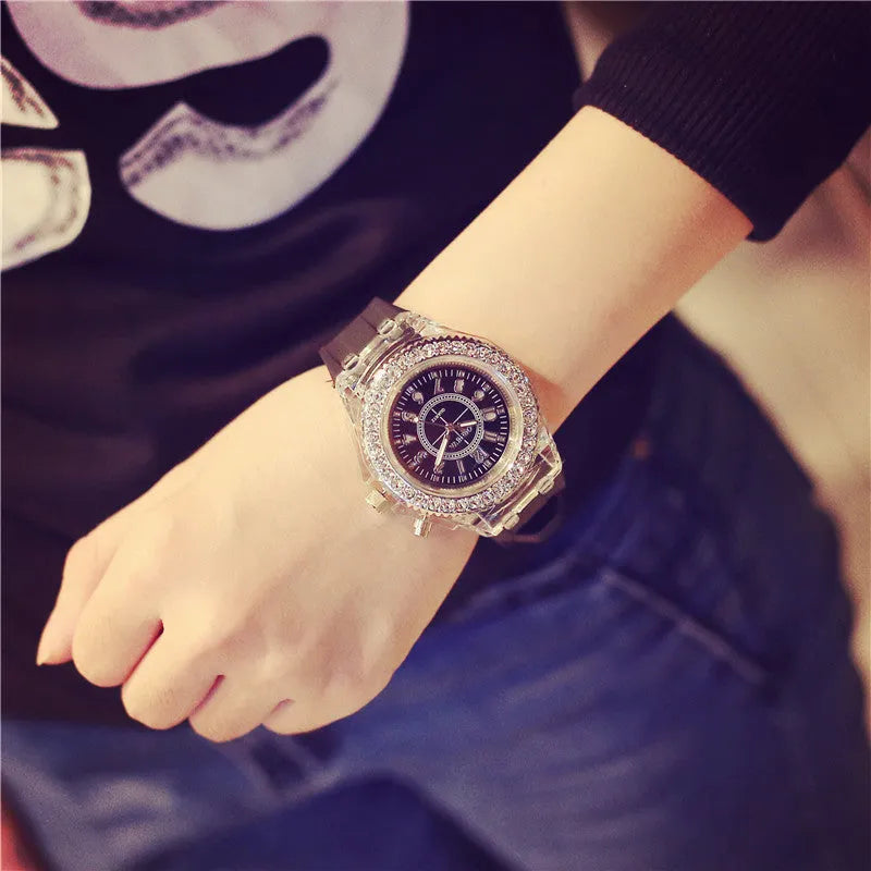 Geneva women's LED luminous quartz watch with silicone strap and round 43mm dial