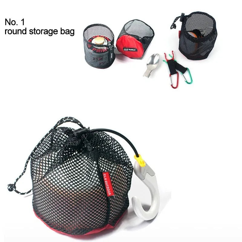 Red outdoor travel storage bag set containing five Oxford cloth and mesh organisers with zipper closures