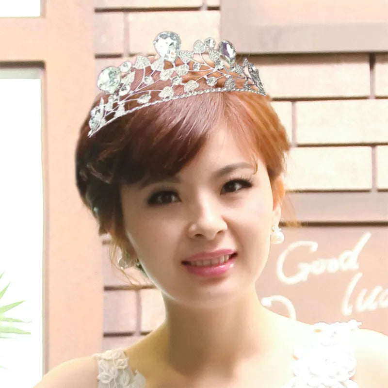 18K gold electroplated metal crown with rhinestone crystals on white background, six colour options for wedding hair accessory