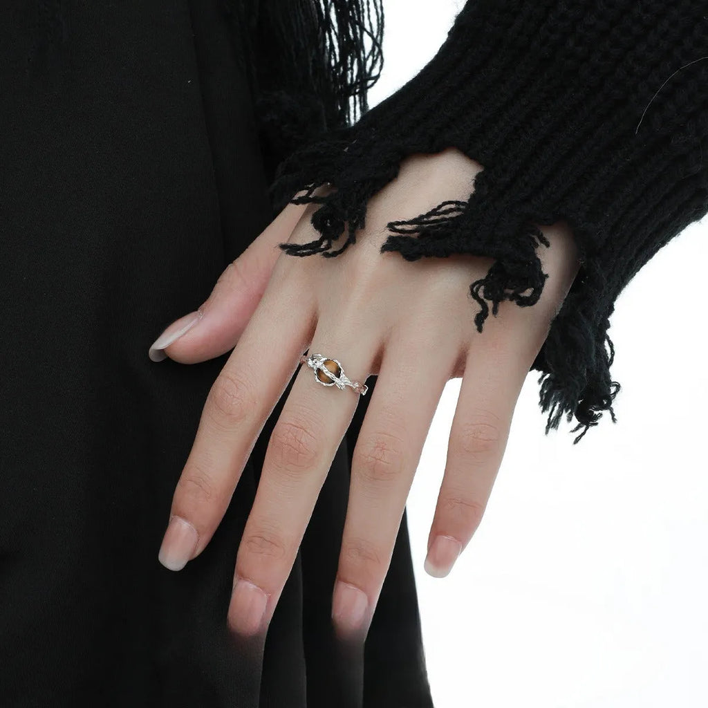 Saturn Tigereye adjustable silver ring with white gold electroplated finish and open design