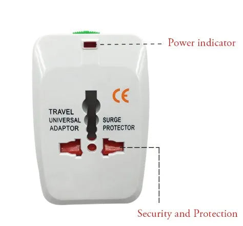 Universal travel adapter plug with multiple sockets on a white background.