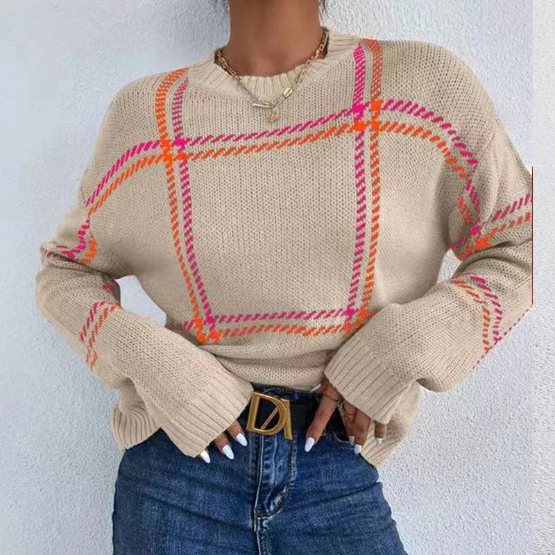 Women's loose plaid colour-block acrylic crew neck sweater in multiple colour options