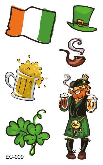 Irish festival temporary tattoo sticker with St. Patrick's Day shamrock design measuring 120×75mm