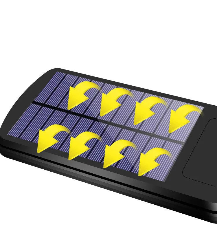 Black solar-powered outdoor motion sensor light mounted on a wall.