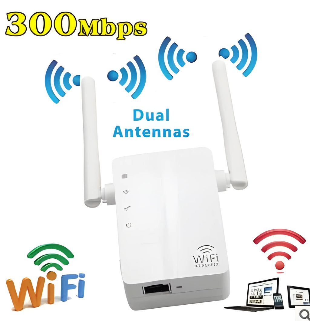 White KR43ED 300M WiFi signal repeater with ABS+PC housing, 10x9x7cm size, EU plug style
