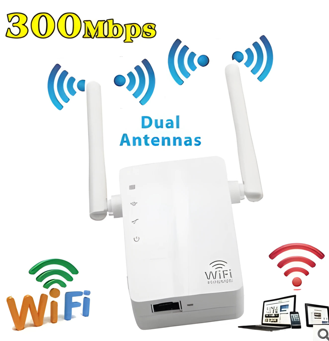 White KR43ED 300M WiFi signal repeater with ABS+PC housing, 10x9x7cm size, EU plug style