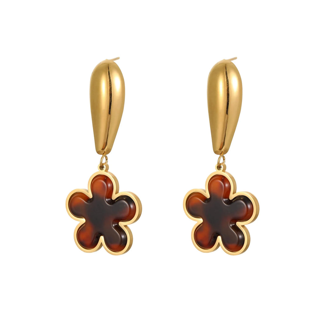 Tortoiseshell resin hawksbill colour earrings with 18K gold plating on stainless steel in heart-shaped and floral geometric designs