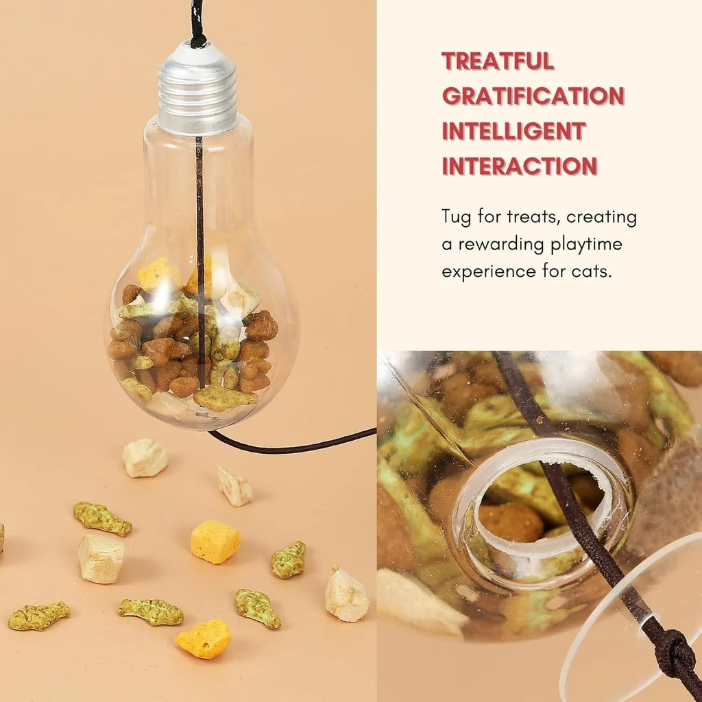 Interactive cat toy with swinging motion hanging from door frame featuring treat reward bulb and retractable elastic cord