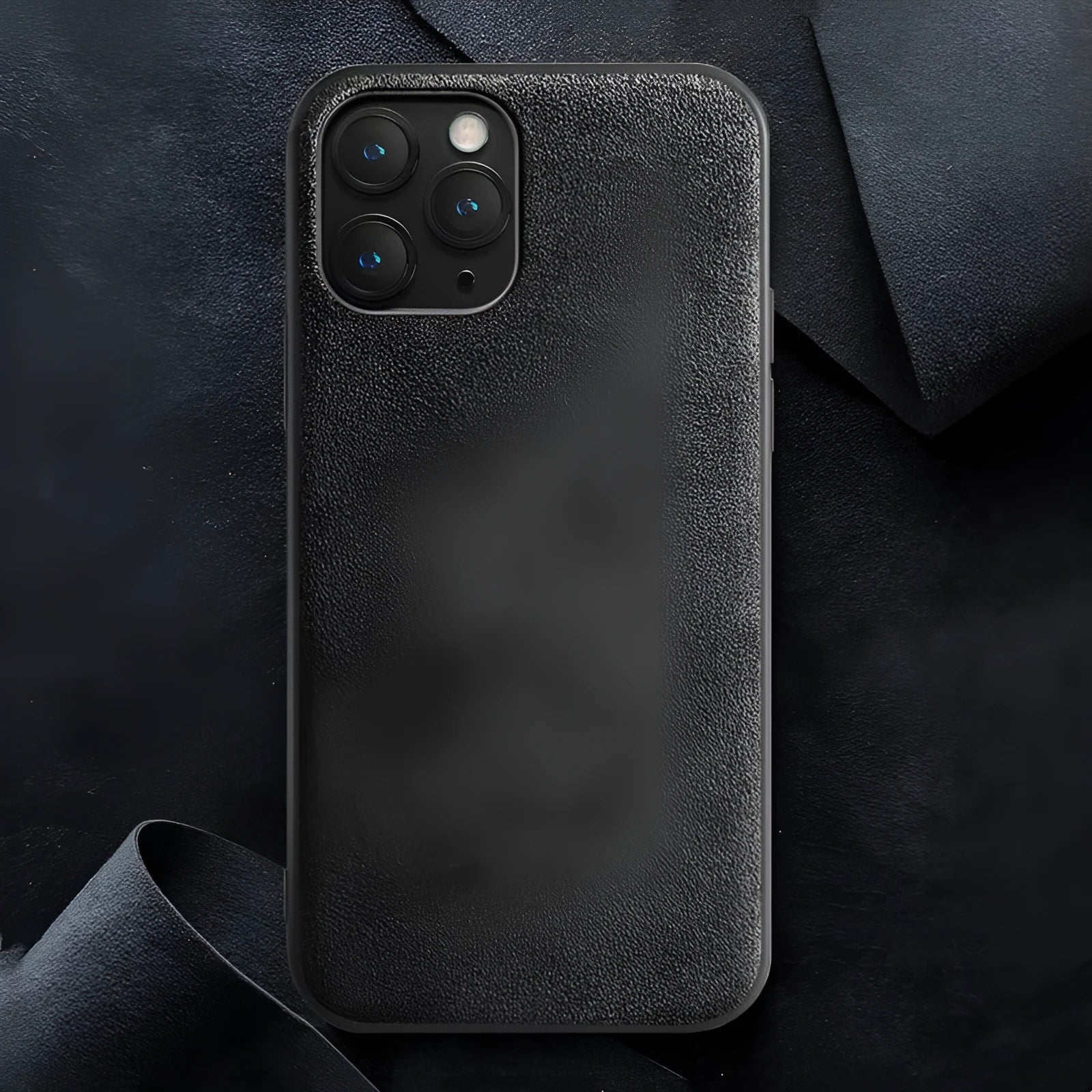Suede full-cover iPhone case in elegant black, dark night green, or dark blue colour
