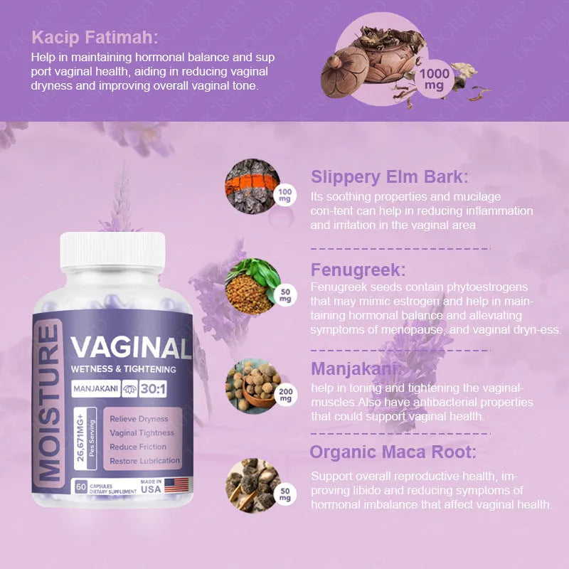 Bottle of 60 vaginal capsule supplements for women's intimate health with herbal extract formula