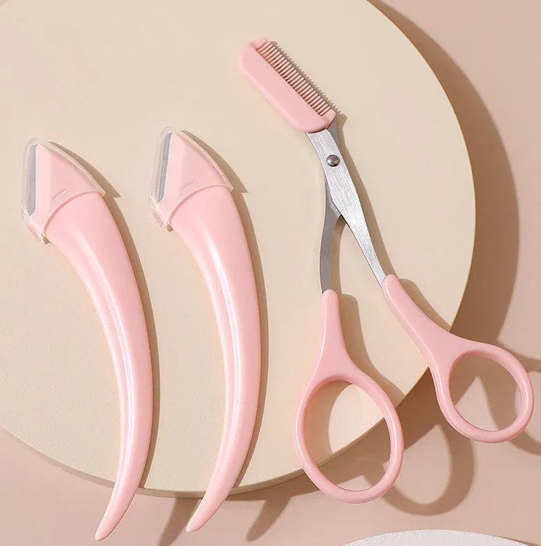 Curved moon shape eyebrow trimming knife with comb in white and pink colours