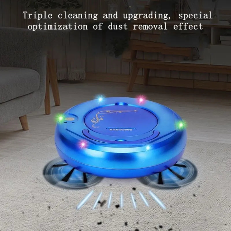 Blue Lazy Smart floor sweeping robot vacuum cleaner on a wooden floor