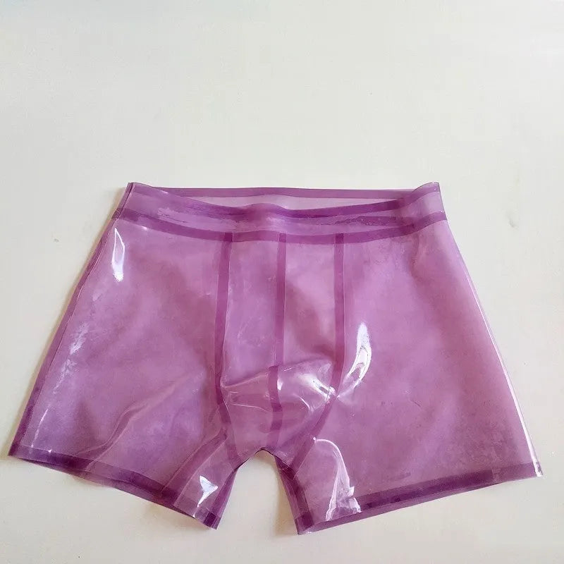 Men's low waist purple latex underwear brief, available in sizes XS to 3XL.