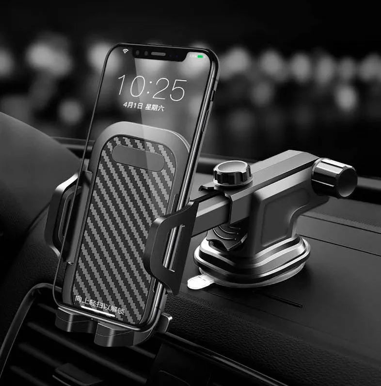 Black universal car phone holder dashboard mount with flexible bendable arm on a car dashboard