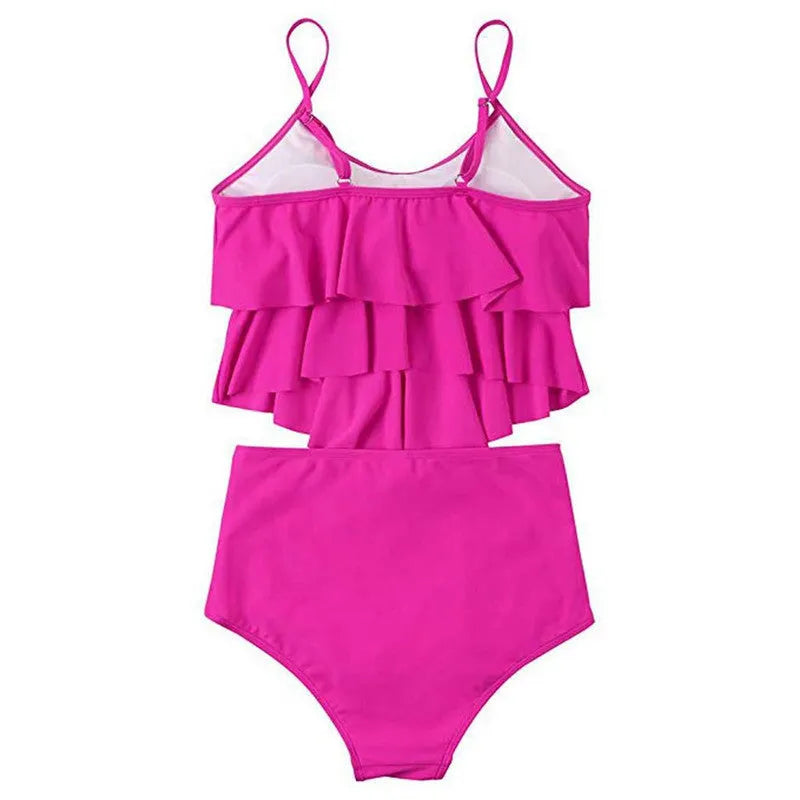 Ruffled bikini swimsuit in rose red with polyester fabric, size S to XL available