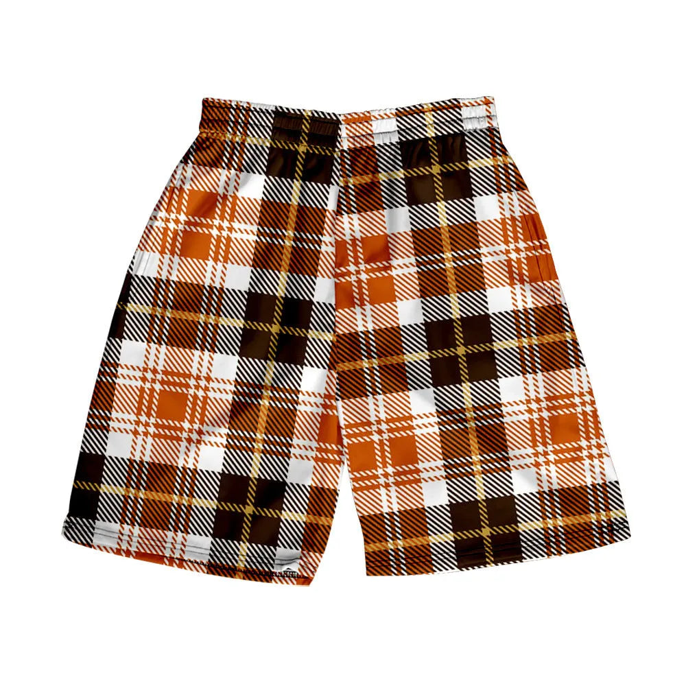 Man wearing plaid print straight-leg shorts with an elastic waistband, showing multiple colour options.