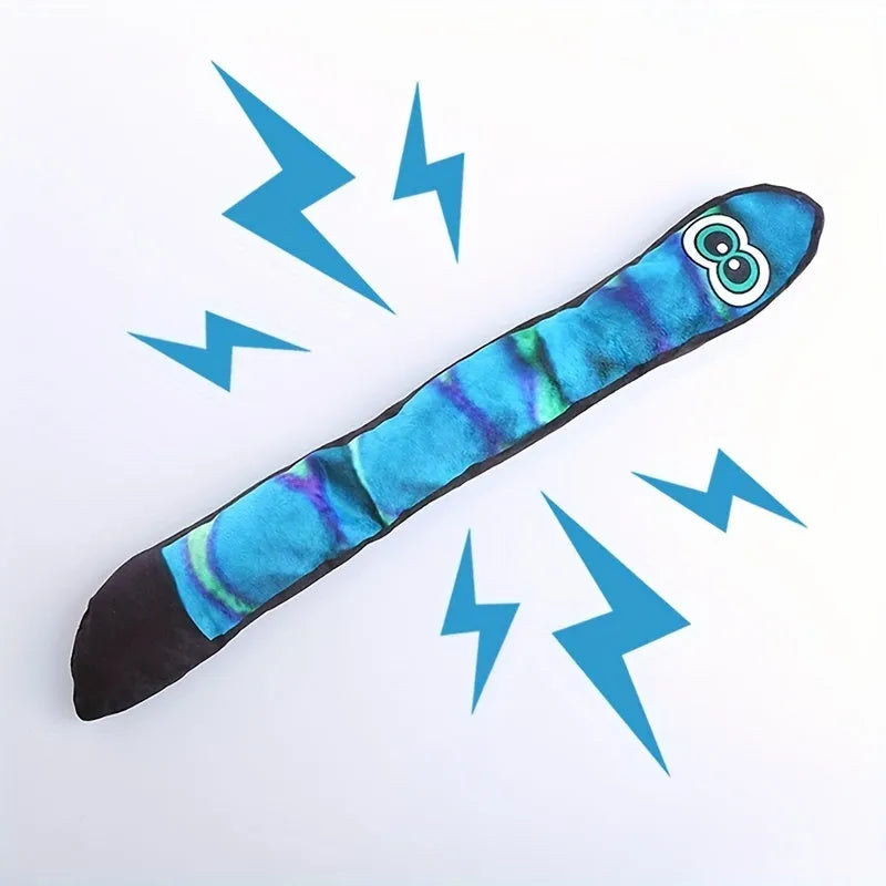 Snake-shaped plush dog squeaky toy with blue and green stripe prints