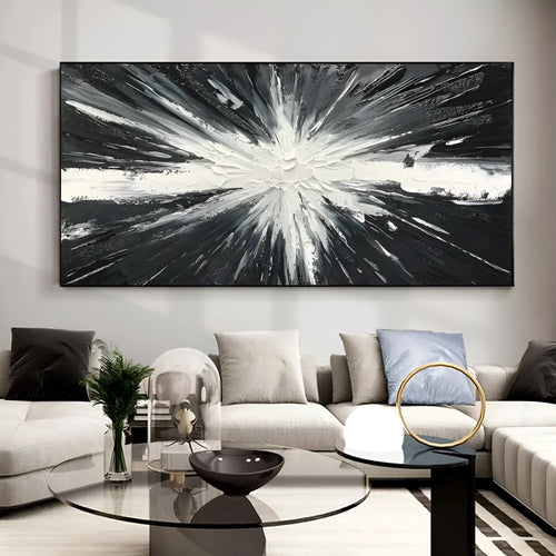 Abstract handmade oil painting on canvas black white texture horizontal living room wall art