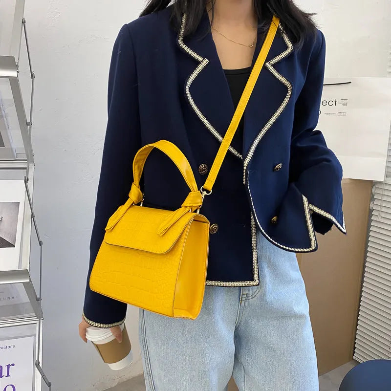 Small square retro armpit bag in PU with stone pattern, magnetic buckle, 120cm strap, Black Blue White Yellow