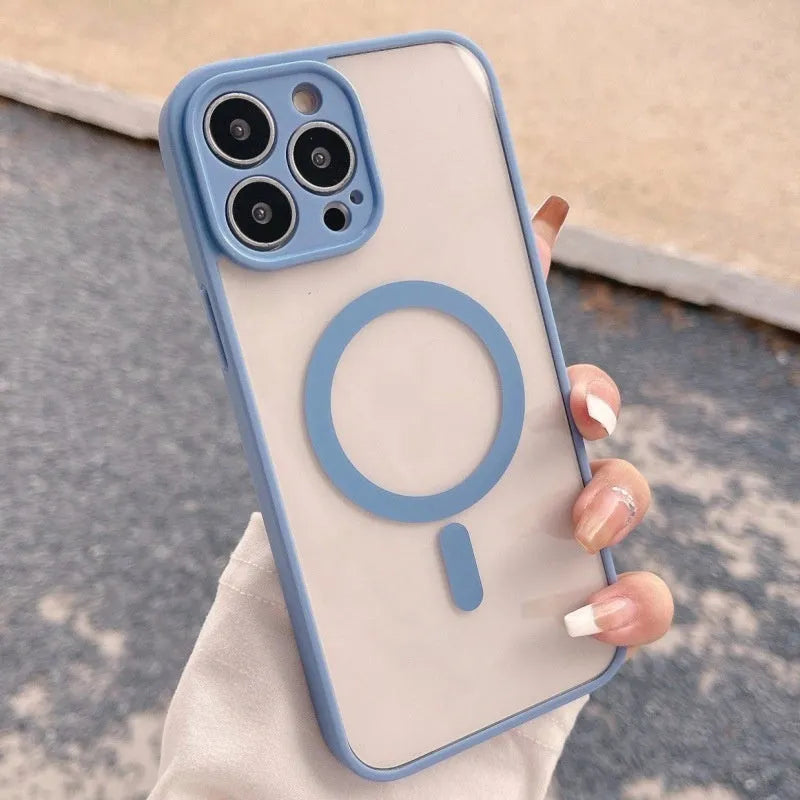 Magnetic transparent frosted hard PC phone case with TPU soft edge for iPhone in multiple colours