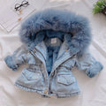 Girls denim coat with fixed hat and plus velvet lining, available in blue and pink, sizes 80cm to 120cm.