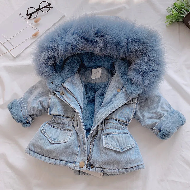 Girls denim coat with fixed hat and plus velvet lining, available in blue and pink, sizes 80cm to 120cm.