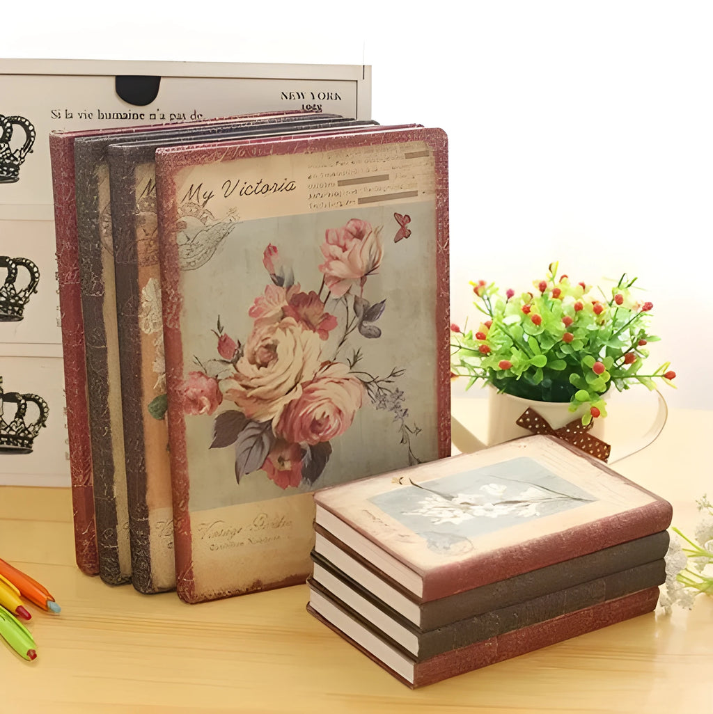 Retro hardcover notebook diary with cloth cover, antique flower pattern, 25K and 50K sizes, 96 sheets