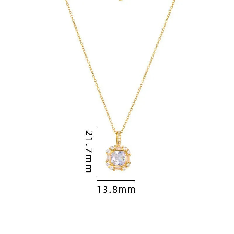Gold titanium steel clavicle chain with quadrilateral zircon pendant on water wave chain