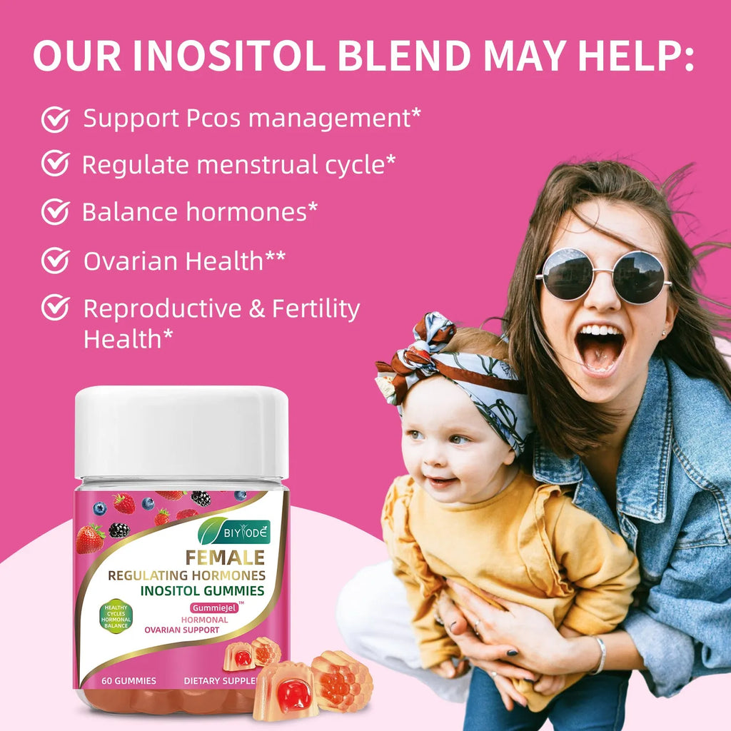Bottle of 60 female multivitamin inositol gummies for hormonal balance support, original flavour, custom label available