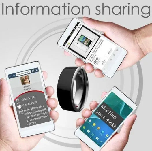 Black NFC ring for Android smartphone with wireless sharing and information push, 22x22x7.9mm, sizes 8 to 12