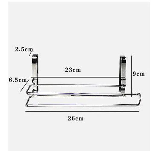 Silver stainless steel kitchen towel rack mounted on cabinet door for paper and towel storage