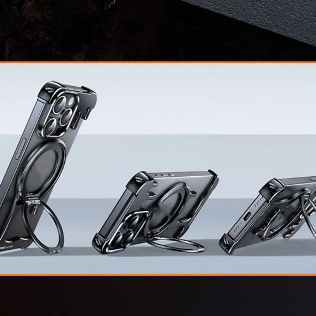 Liquid metal phone case with magnetic rotating bracket for Apple iPhone in Gentlemans black