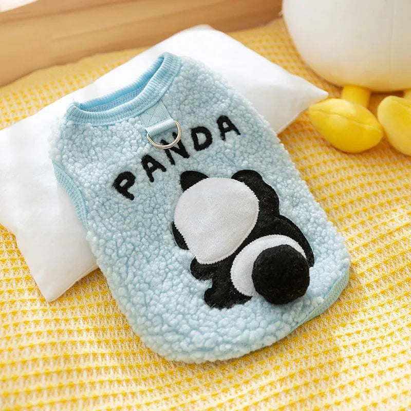 Fleece-lined thick winter vest sweater for pets in round panda print, available in sizes XS to XXL for 1-20 kg