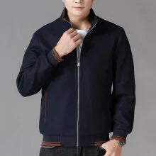 Men's gray wool fleece sport jacket with a stick pocket, shown on a hanger.