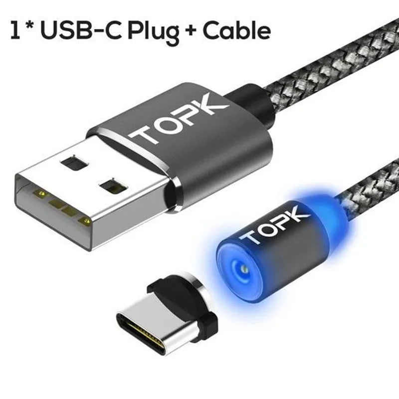 Magnetic charging cable with three plug tips for Apple, Android and Type-C devices