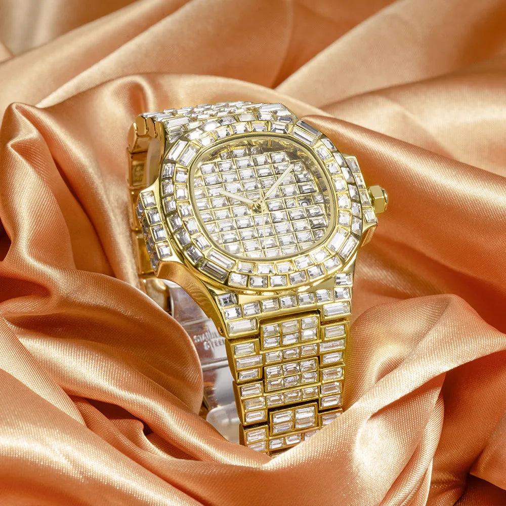 Gold full drill square waterproof calendar quartz watch for men on a light background