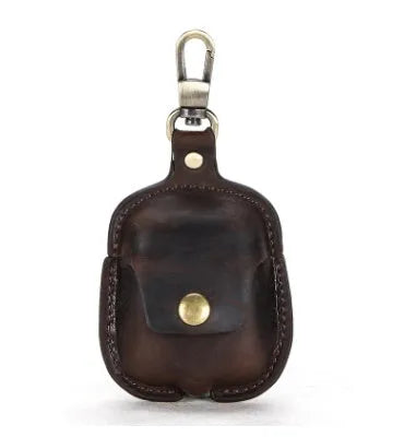 Crazy horse cowhide leather AirPods cover with keychain and charging hole, 6.8cm x 12.3cm, in blue, brown, coffee, or red.