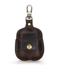 Crazy horse cowhide leather AirPods cover with keychain and charging hole, 6.8cm x 12.3cm, in blue, brown, coffee, or red.