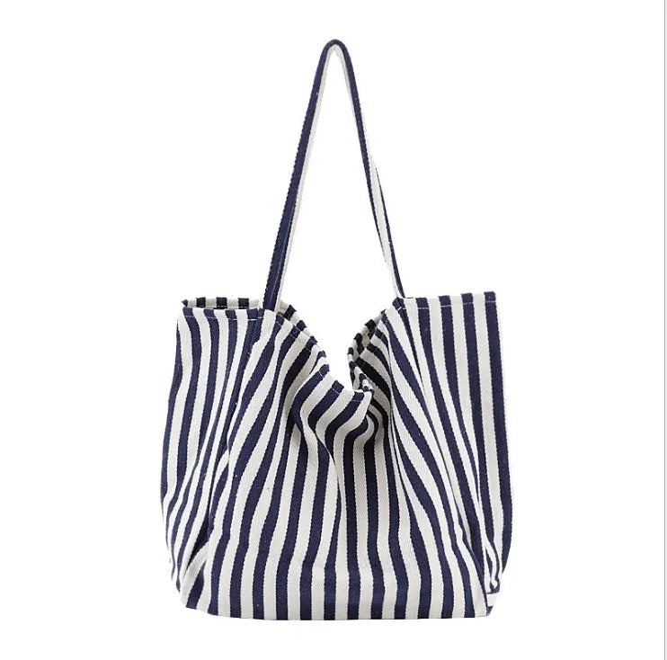 Striped canvas shoulder bag in black, blue, or red with 39cm bottom length, 35cm height, 21cm thickness, and certificate bag.