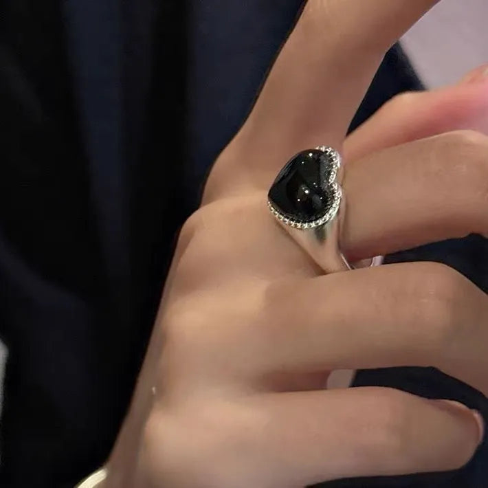 S925 sterling silver heart ring with black agate stone and adjustable opening