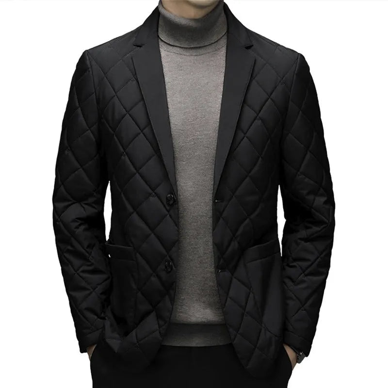 Men's black thick lapel down jacket shown on a model, featuring side seam pockets.