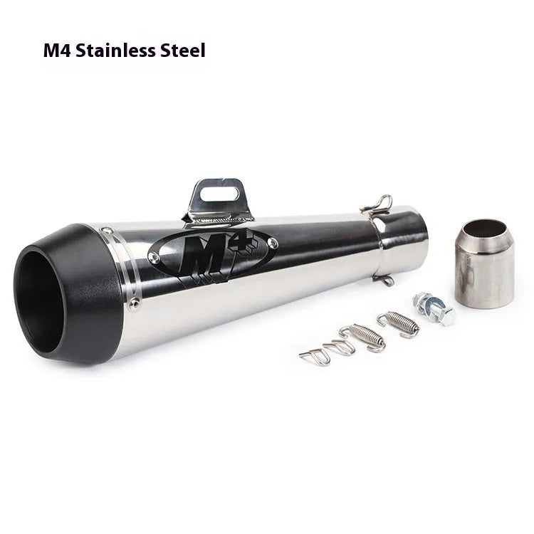Universal M4 motorcycle exhaust pipe in multiple finish options including black, white steel, titanium and blue