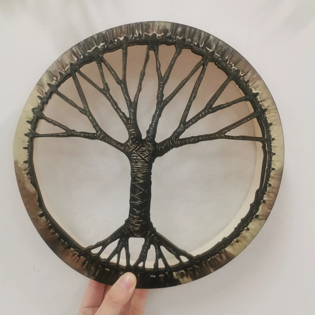 25cm Chinese ornamental drum with tree of life flower design, including drum hammer