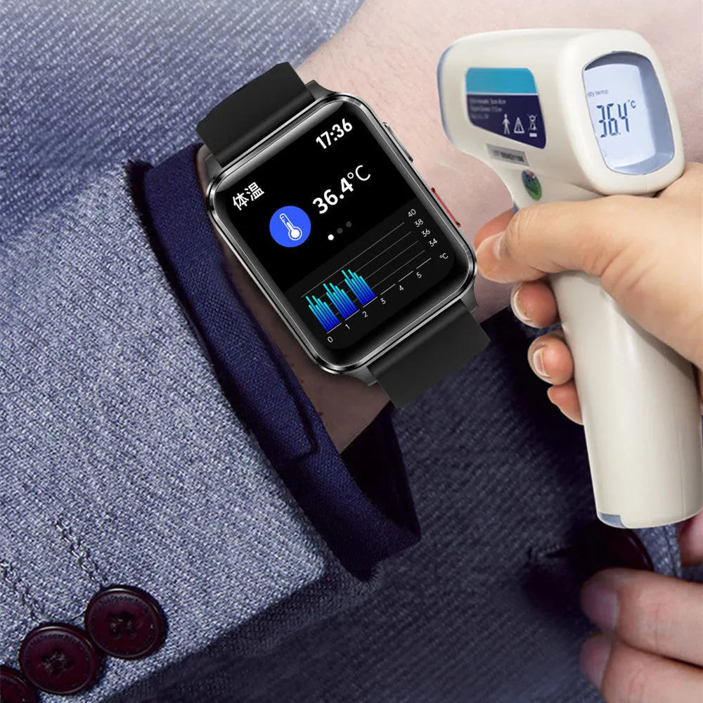 Multi-sport smartwatch with a blue silicone strap showing a heart rate reading on its 1.70-inch screen.