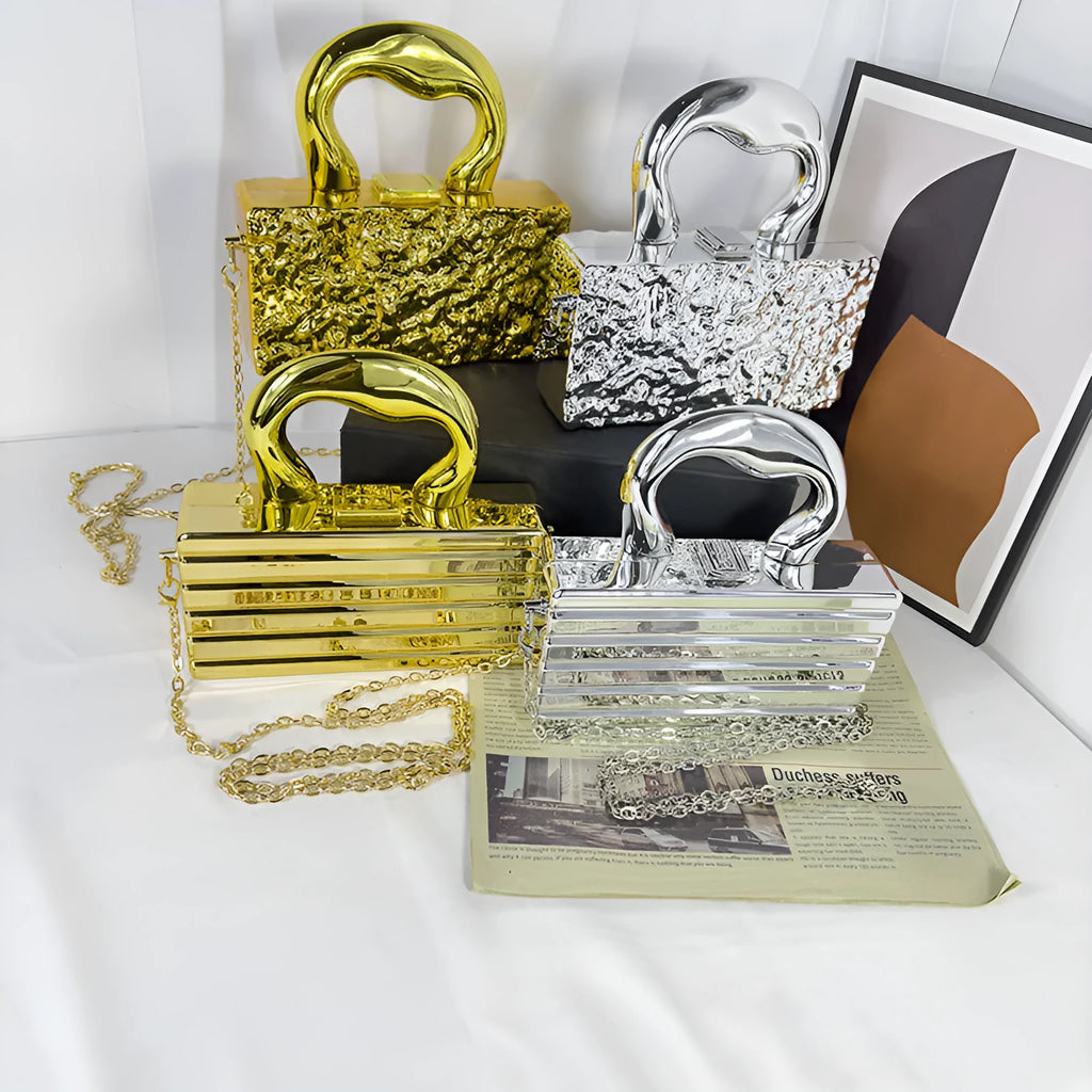 Mini crossbody bag with hard acrylic shell, chain strap, and phone pocket in Golden Ripples colour