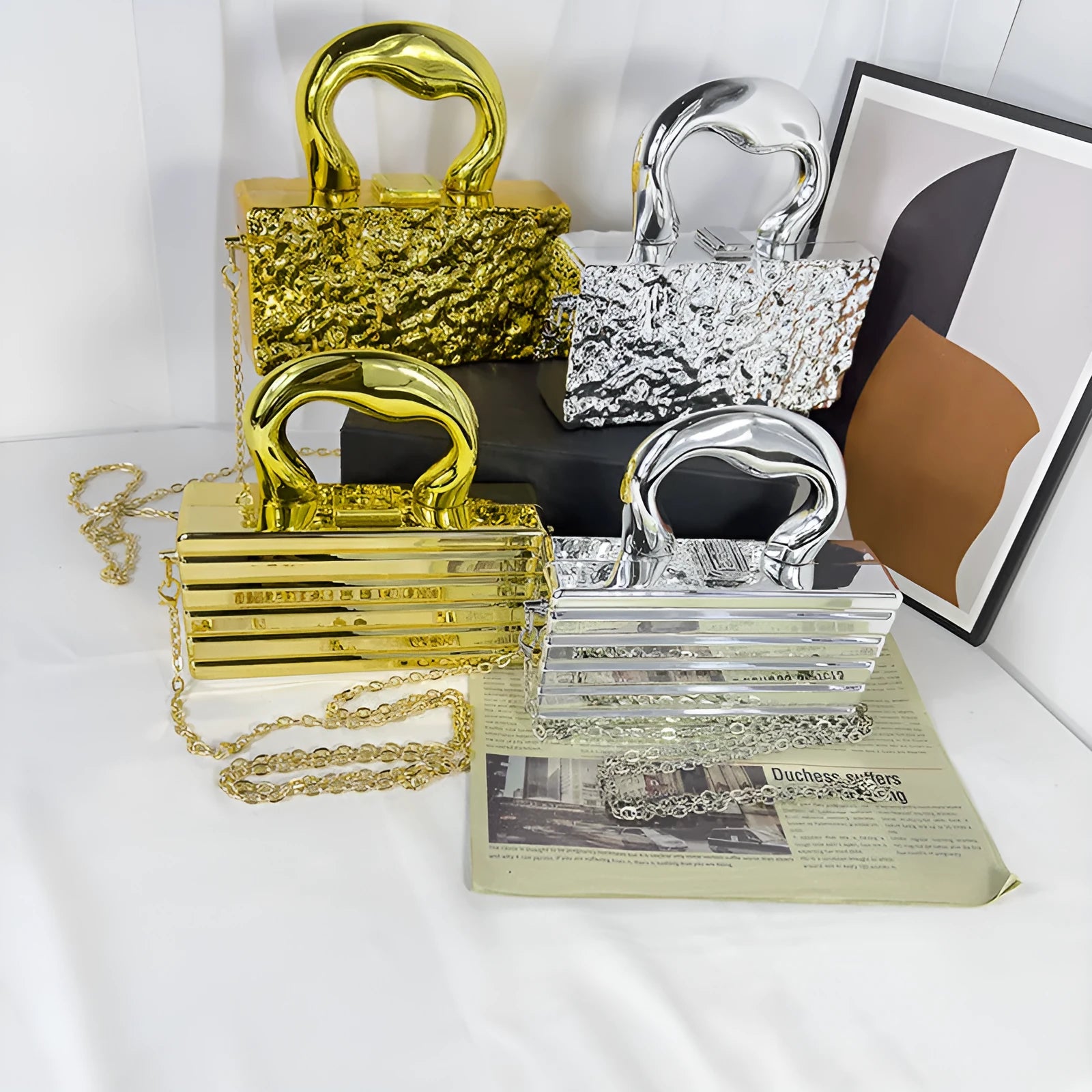 Mini crossbody bag with hard acrylic shell, chain strap, and phone pocket in Golden Ripples colour