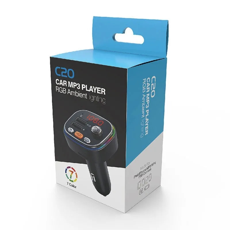 C20 car MP3 Bluetooth player FM transmitter with digital display and RGB light, black colour