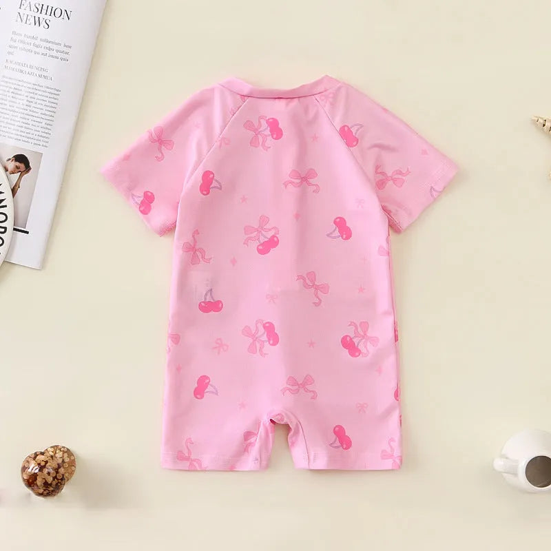 Bowknot girls' one-piece swimsuit in polyester with full cherry flower print for babies